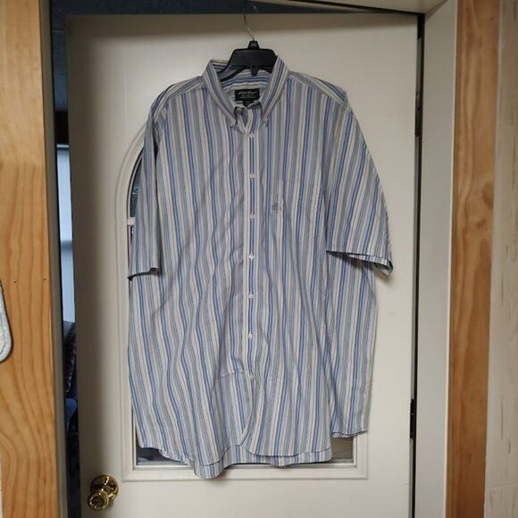 Eddie Bauer Blue Green Striped Short Sleeve Button Down Shirt Men's XXL Tall - Picture 1 of 2